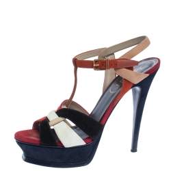 Pre Owned Saint Laurent Paris Multicolor Suede Tribute Platform Sandals Size 38.5