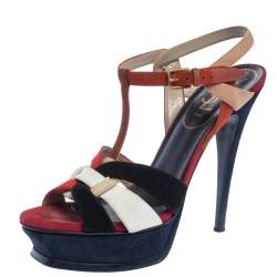 Pre Owned Saint Laurent Paris Multicolor Suede Tribute Platform Sandals Size 38.5