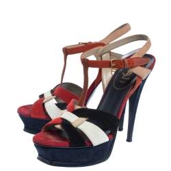 Pre Owned Saint Laurent Paris Multicolor Suede Tribute Platform Sandals Size 38.5