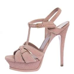 Pre Owned صندل سان لوران نعل سميك تريبيوت سويدي منقوش كوارتز وردي مقاس 38.5