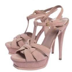 Pre Owned صندل سان لوران نعل سميك تريبيوت سويدي منقوش كوارتز وردي مقاس 38.5