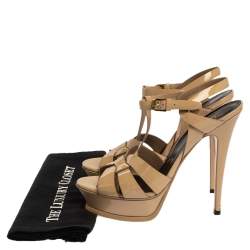 Pre Owned Saint Laurent Paris Beige Patent Leather Tribute Platform Sandals Size 39