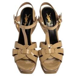 Pre Owned Saint Laurent Paris Beige Patent Leather Tribute Platform Sandals Size 39