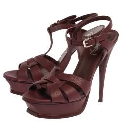 Pre Owned Saint Laurent Paris Burgundy Textured Leather Tribute Platform Sandals Size 39