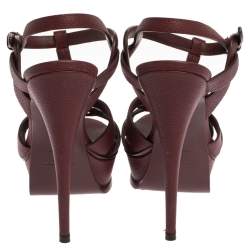 Pre Owned Saint Laurent Paris Burgundy Textured Leather Tribute Platform Sandals Size 39