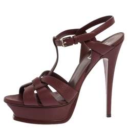 Pre Owned Saint Laurent Paris Burgundy Textured Leather Tribute Platform Sandals Size 39