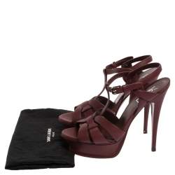 Pre Owned Saint Laurent Paris Burgundy Textured Leather Tribute Platform Sandals Size 39