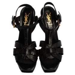 Pre Owned Saint Laurent Paris Black Croc Embossed Leather Tribute Platform Sandals Size 39