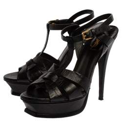 Pre Owned Saint Laurent Paris Black Croc Embossed Leather Tribute Platform Sandals Size 39