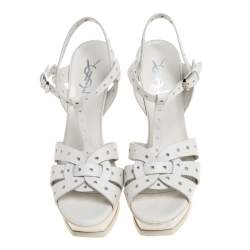 Pre Owned Saint Laurent Paris White Perforated Leather Tribute Platform Ankle Strap Sandals Size 39