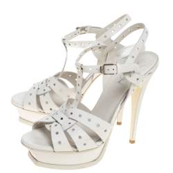Pre Owned Saint Laurent Paris White Perforated Leather Tribute Platform Ankle Strap Sandals Size 39