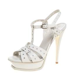 Pre Owned Saint Laurent Paris White Perforated Leather Tribute Platform Ankle Strap Sandals Size 39