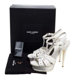 Pre Owned Saint Laurent Paris White Perforated Leather Tribute Platform Ankle Strap Sandals Size 39