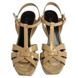 مملوكة مسبقًا صندل سان لوران باريس نعل سميك تربيوت جلد لامع بيج مقاس 37.5