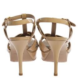 مملوكة مسبقًا صندل سان لوران باريس نعل سميك تربيوت جلد لامع بيج مقاس 37.5