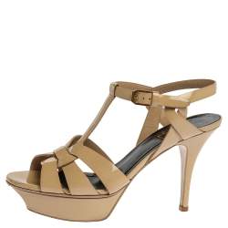 مملوكة مسبقًا صندل سان لوران باريس نعل سميك تربيوت جلد لامع بيج مقاس 37.5