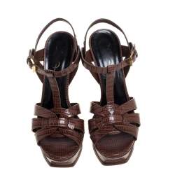 مملوكة مسبقًا Saint Laurent Paris Brown Lizard Embossed Leather Tribute Platform Ankle Strap Sandals Size 36.5