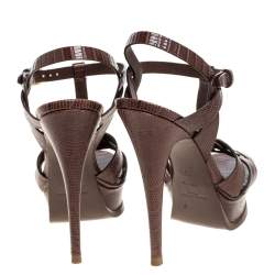 مملوكة مسبقًا Saint Laurent Paris Brown Lizard Embossed Leather Tribute Platform Ankle Strap Sandals Size 36.5