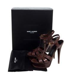 مملوكة مسبقًا Saint Laurent Paris Brown Lizard Embossed Leather Tribute Platform Ankle Strap Sandals Size 36.5