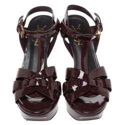 مملوكة مسبقًا صندل سان لوران باريس سير كاحل تريبوت جلد بني نعل سميك مقاس 39.5