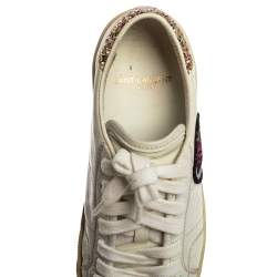 Saint Laurent Paris White Leather And Glitter Trim Court Classic SL/37 Diamond Patch Low Top Sneakers Size 35