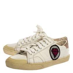 Saint Laurent Paris White Leather And Glitter Trim Court Classic SL/37 Diamond Patch Low Top Sneakers Size 35