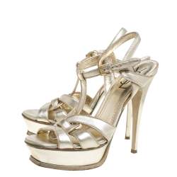 مملوكة مسبقًا Saint Laurent Paris Gold Leather Tribute Platform Ankle Strap Sandals Size 39