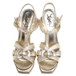 مملوكة مسبقًا Saint Laurent Paris Gold Leather Tribute Platform Ankle Strap Sandals Size 39