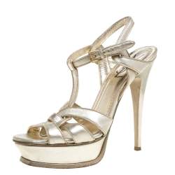 مملوكة مسبقًا Saint Laurent Paris Gold Leather Tribute Platform Ankle Strap Sandals Size 39