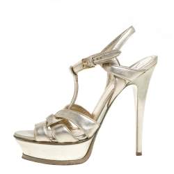 مملوكة مسبقًا Saint Laurent Paris Gold Leather Tribute Platform Ankle Strap Sandals Size 39