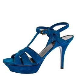 مملوكة مسبقًا Saint Laurent Aegean Blue Suede Tribute Platform Ankle Strap Sandals Size 38
