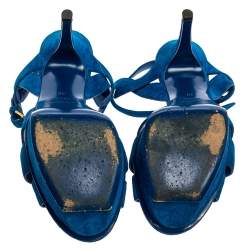 مملوكة مسبقًا Saint Laurent Aegean Blue Suede Tribute Platform Ankle Strap Sandals Size 38