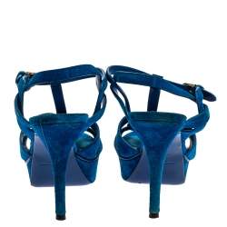 مملوكة مسبقًا Saint Laurent Aegean Blue Suede Tribute Platform Ankle Strap Sandals Size 38