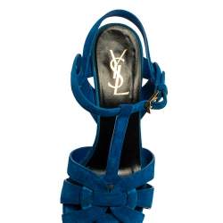مملوكة مسبقًا Saint Laurent Aegean Blue Suede Tribute Platform Ankle Strap Sandals Size 38