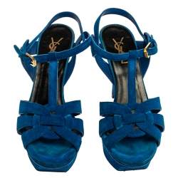 مملوكة مسبقًا Saint Laurent Aegean Blue Suede Tribute Platform Ankle Strap Sandals Size 38
