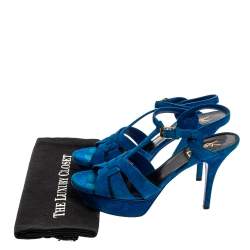 مملوكة مسبقًا Saint Laurent Aegean Blue Suede Tribute Platform Ankle Strap Sandals Size 38