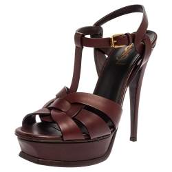 Pre Owned Saint Laurent Paris Dark Burgundy Leather Tribute Platform Sandals Size 39