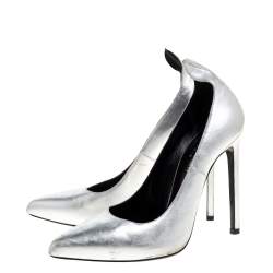 Saint Laurent Paris Silver Leather Thorn Pointed Toe Pumps Size 37