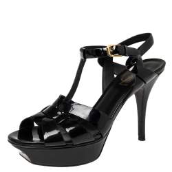 مملوكة مسبقًا Saint Laurent Paris Black Patent Leather Tribute Platform Sandals Size 37