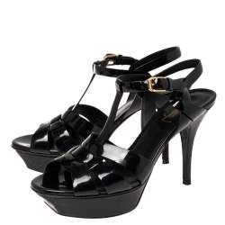 مملوكة مسبقًا Saint Laurent Paris Black Patent Leather Tribute Platform Sandals Size 37