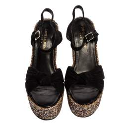 Pre Owned صندل سان لوران نعل سميك كعب روكي غليتر خشن وسويدي أسود مقاس 36.5 