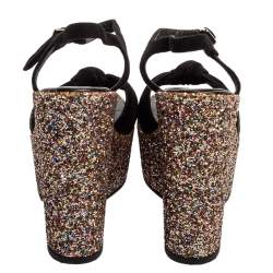 Pre Owned صندل سان لوران نعل سميك كعب روكي غليتر خشن وسويدي أسود مقاس 36.5 