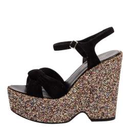 Pre Owned صندل سان لوران نعل سميك كعب روكي غليتر خشن وسويدي أسود مقاس 36.5 