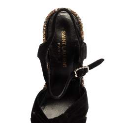 Pre Owned صندل سان لوران نعل سميك كعب روكي غليتر خشن وسويدي أسود مقاس 36.5 