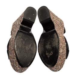 Pre Owned صندل سان لوران نعل سميك كعب روكي غليتر خشن وسويدي أسود مقاس 36.5 