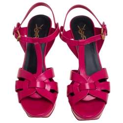 مملوكة مسبقًا Saint Laurent Paris Fuchsia Leather Tribute Platform Sandals Size 37