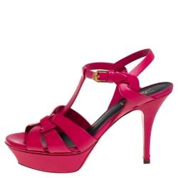 مملوكة مسبقًا Saint Laurent Paris Fuchsia Leather Tribute Platform Sandals Size 37