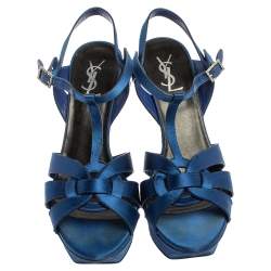 مملوكة مسبقًا صندل سان لوران باريس سيور كاحل تربيوت ساتان أزرق مقاس 40