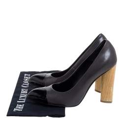 Pre Owned حذاء كعب عال ى سان لوران باريس مقدمة مدببة كعب خشب جلد أسود مقاس 37.5