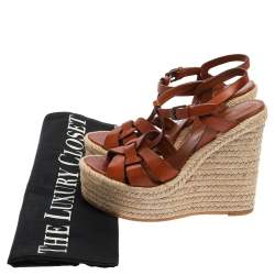 Pre Owned Saint Laurent Paris Brown Leather Tribute Espadrille Platform Wedge Sandals Size 35